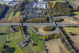 Aerial view, motorway A1 with junction Hamm Bergkamen and Kaufland supermarket at Ostenhellweg in