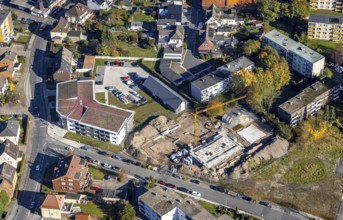 Aerial view, construction area and new construction of flats in the urban renewal area on