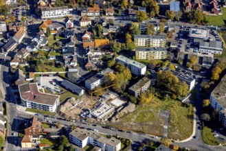 Aerial view, construction area and new construction of flats in the urban renewal area on