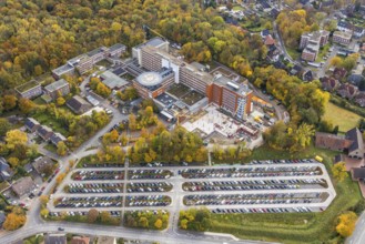 Aerial view, construction site with extension building at the St. Barbara-Klinik Hamm-Heessen in