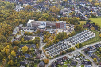 Aerial view, construction site with extension building at the St. Barbara-Klinik Hamm-Heessen in