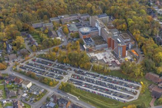 Aerial view, construction site with extension building at the St. Barbara-Klinik Hamm-Heessen in
