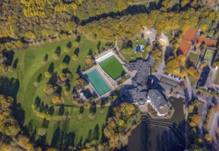 Aerial view, Selbachpark with hotel and swimming pool in the district Pelkum in Hamm, Ruhr area,