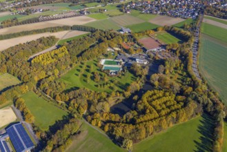 Aerial view, Selbachpark with hotel and swimming pool in the district Pelkum in Hamm, Ruhr area,