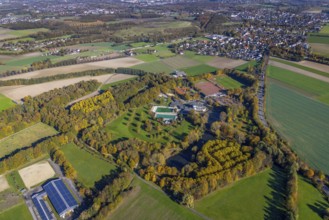 Aerial view, Selbachpark with hotel and swimming pool in the district Pelkum in Hamm, Ruhr area,
