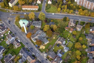 Aerial view, Evangelical Apostle Church and Kindergarten Drei Könige in the district of Herringen