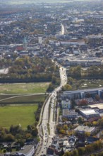 Aerial view, B63 Münsterstraße and Lippeaue as well as city centre view in the district Heessen in