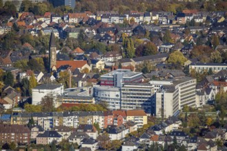 Aerial view, city centre view with Hamm Protestant Hospital and parish of St. Franziskus von Assisi