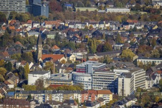 Aerial view, city centre view with Hamm Protestant Hospital and parish of St. Franziskus von Assisi