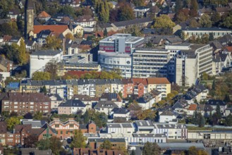 Aerial view, city centre view with Hamm Protestant Hospital and parish of St. Franziskus von Assisi