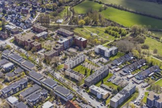 Aerial view, Rheinsberger Platz with high-rise housing estate, urban gardening in the Kornmersch,