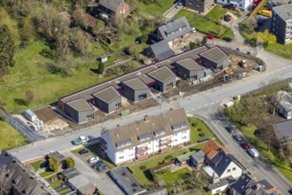 Aerial view, construction site, new building kindergarten Großer Sandweg, Bockum-Hövel, Hamm, Ruhr