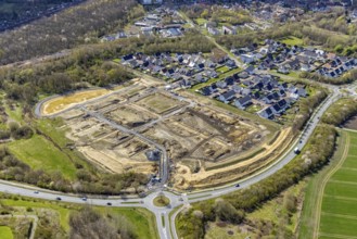 Aerial view, construction site and construction area Heimshof Ost am Sachsenring with housing