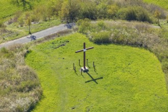 Aerial view, panoramic slagheap with Sachsenkreuz, Heessen, Hamm, Ruhr area, North