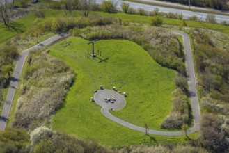 Aerial view, panoramic slagheap with Sachsenkreuz, Heessen, Hamm, Ruhr area, North