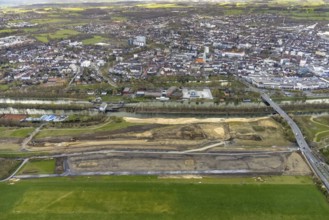 Aerial view, Lippe floodplain experience project, dyke area between city centre and airfield, new