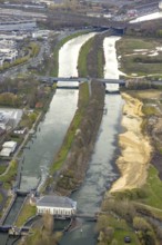 Aerial view, Lippe floodplain experience project, dike area between city centre and airfield, new