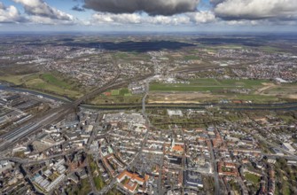 Aerial view, city centre view with market place and St. Paul's church, airfield and Lippe