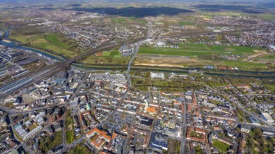 Aerial view, city centre view with market place and St. Paul's church, airfield and Lippe