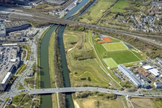 Aerial view, riverside area river Lippe and Datteln-Hamm canal, Hamtec Hammer Technology and