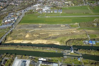 Aerial view, construction area at Jupp-Eickhoff-Weg with river Lippe and Datteln-Hamm canal, Hamm