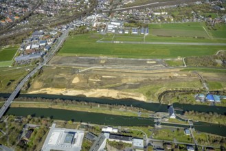 Aerial view, construction area at Jupp-Eickhoff-Weg with river Lippe and Datteln-Hamm canal, Hamm