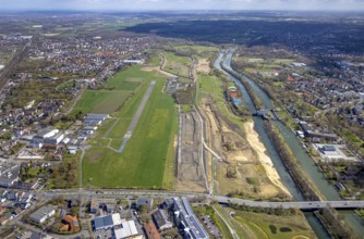 Aerial view, construction area at Jupp-Eickhoff-Weg with river Lippe and Datteln-Hamm canal, Hamm