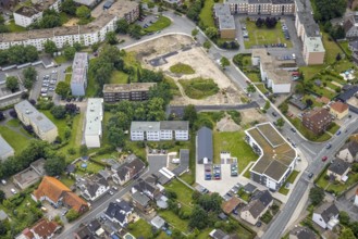 Aerial view, construction area and new build flats Waldenburger Straße, urban renewal area,