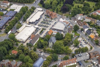 Aerial view, local shopping centre Dortmunder Straße, Evangelical St. Victor Church, Fangstraße,