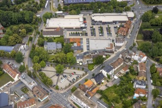 Aerial view, local shopping centre Dortmunder Straße, Evangelical St. Victor Church, Fangstraße,