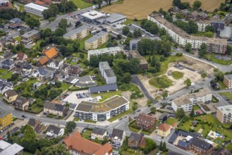 Aerial view, construction area and new build flats Waldenburger Straße, urban renewal area,