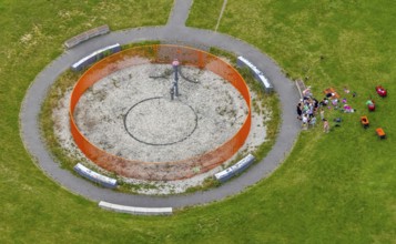 Aerial view, red circular grid in Lippepark Hamm - Schacht Franz, Platz der Bergbaugeschichte,