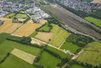 Aerial view, meadows and fields and construction site Wiescher Bach, Pelkum, Hamm, Ruhr area, North