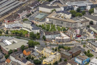 Aerial view, Hamm Westf. Main station, B&B Hotel, construction site and new residential building on