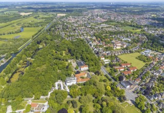 Aerial view of the spa hotel Hamm, spa hotel Bad Hamm, largest beer garden in Hamm, next to the