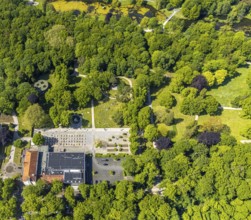 Aerial view of the spa hotel Hamm, spa hotel Bad Hamm, largest beer garden in Hamm, next to the