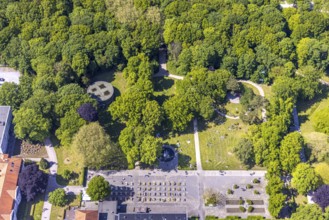 Aerial view of the spa hotel Hamm, spa hotel Bad Hamm, largest beer garden in Hamm, next to the