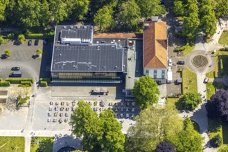 Aerial view of the spa hotel Hamm, spa hotel Bad Hamm, largest beer garden in Hamm, next to the