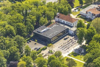 Aerial view of the spa hotel Hamm, spa hotel Bad Hamm, largest beer garden in Hamm, next to the