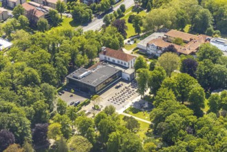 Aerial view of the spa hotel Hamm, spa hotel Bad Hamm, largest beer garden in Hamm, next to the