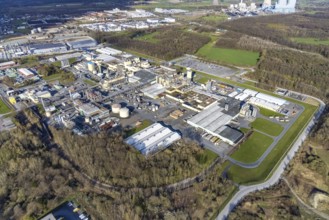 Aerial view, industrial estate with Goldbeck Betonelemente and DuPont with DuBay Polymer GmbH on