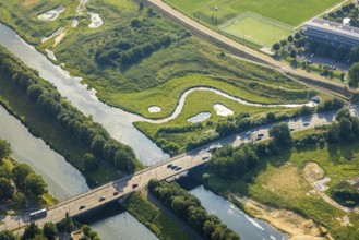 Aerial view, Lippe floodplain at the Münsterstraße bridge, Heessen, Hamm, Ruhr area, North