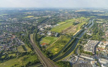 Aerial view, Hamm-Lippewiesen airfield, Lippe floodplain, Hamm lock, Lippe river, Datteln-Hamm