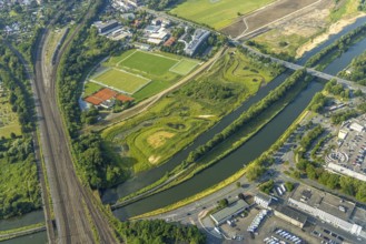 Aerial view, Lippe floodplain at the Münsterstraße bridge, Heessen, Hamm, Ruhr area, North