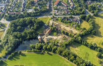 Aerial view, construction site for housing at the Schlossmühle am Mühlenteich, Heessen, Hamm, Ruhr