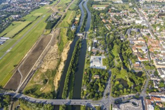 Aerial view, Hamm-Lippewiesen airfield, construction site for protective dam at Jupp-Eickhoff-Weg,
