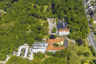 Aerial view of the spa hotel Hamm, spa hotel Bad Hamm, largest beer garden in Hamm, next to the