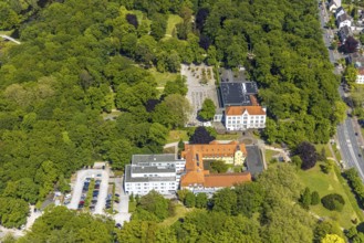 Aerial view of the spa hotel Hamm, spa hotel Bad Hamm, largest beer garden in Hamm, next to the