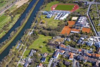 Aerial view, Hamm-Ost sports centre with Jahnstadion and tennis court, reha Bad Hamm, river Lippe