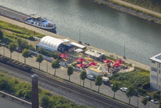 Aerial view, beer garden Pirates ANKER & HERZ in Hafenstraße, Mitte, Hamm, Ruhr area, North
